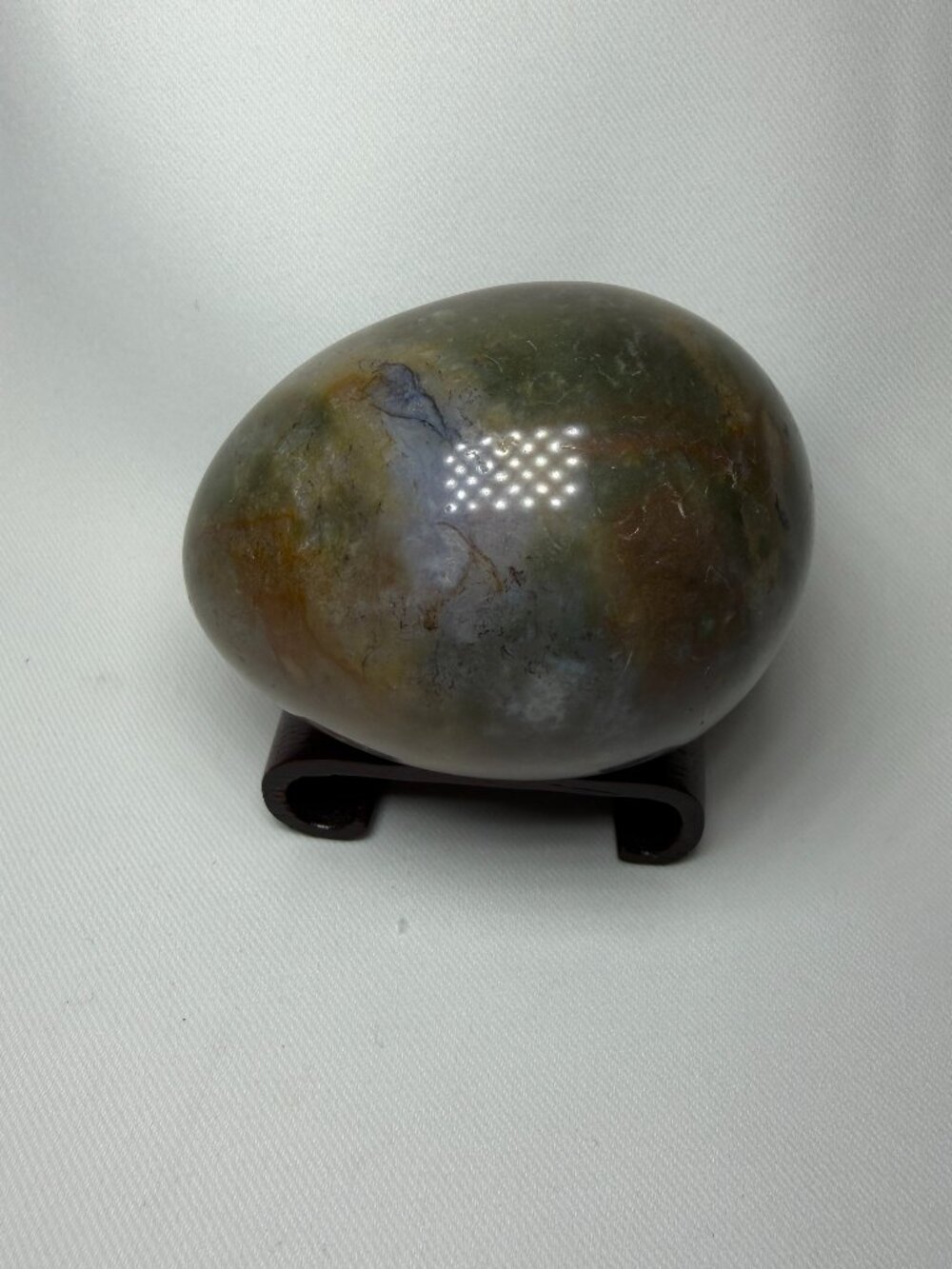 Vtg Polychrome Jasper Egg on Fixed Wood Stand 2.5" Polished Madagascar Moody EUC